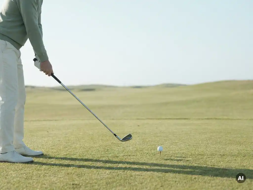 Beginner golfer houdt ijzeren golfclub vast op zonnig fairway, witte golfbal op tee op de voorgrond, groene open landschap erachter.