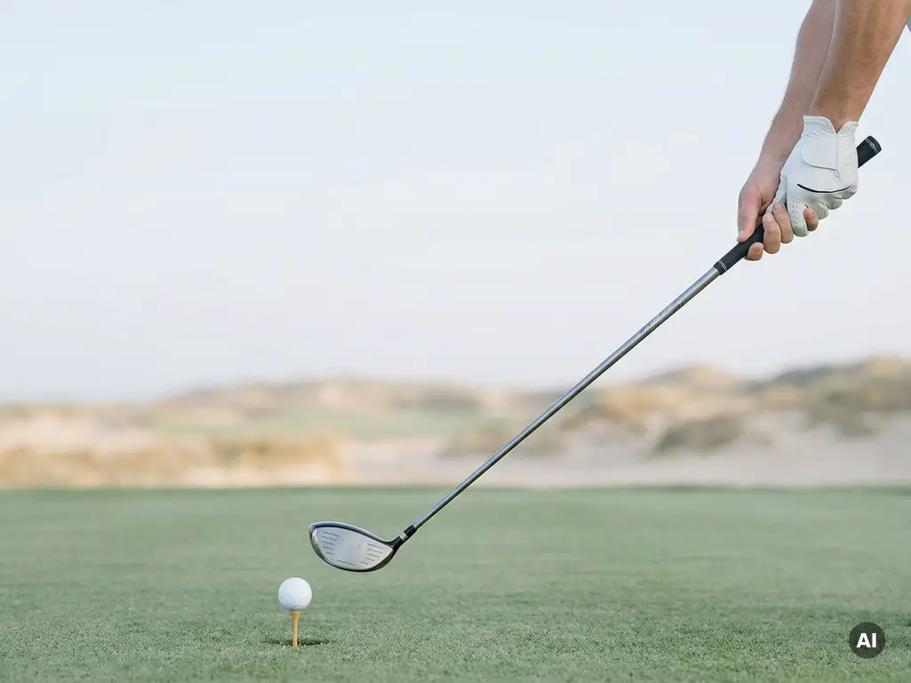Beginner golfer houdt een golfclub vast op een korte par-3 fairway, golfbal op tee, kustduinen op de achtergrond.