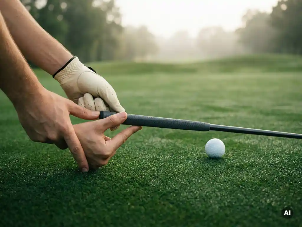 Beginnersgolfspeler houdt golfclub vast met correcte grip boven kort groen gras, witte golfbal op de voorgrond.