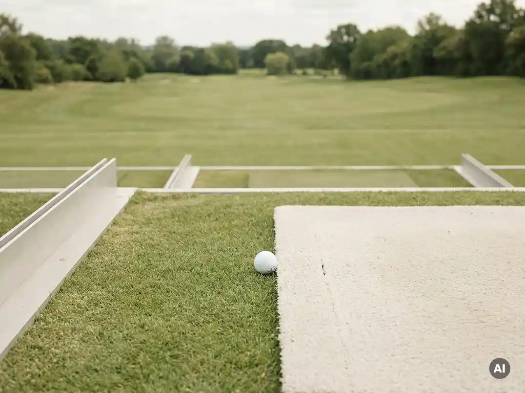 Golfbal op kort gemaaid fairwaygras aan de rand van een drivingrange mat, met een groen golfparcours op de achtergrond.