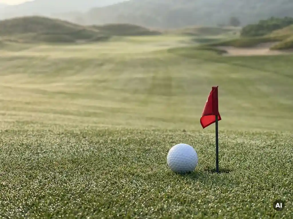 Witte golfbal naast een rood vlagpinnetje op een dauwnat green, met een rustige fairway op de achtergrond in zacht ochtendlicht.