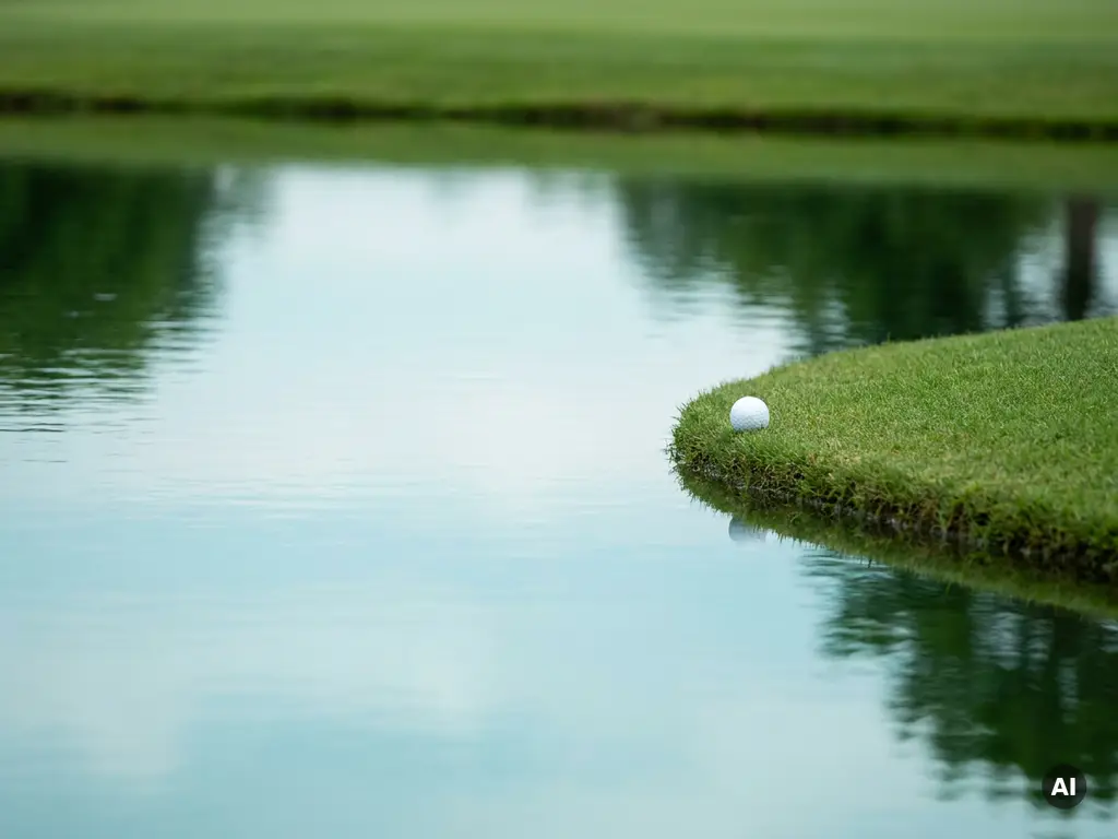 Witte golfbal op de rand van een waterhindernis bij een par-3 green, met zachte reflecties van lucht en fairway in het stille water.