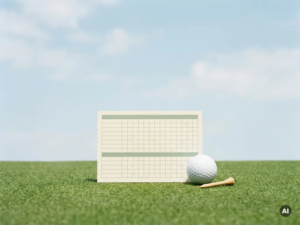 Golfscorekaart en witte golfbal op kort groen gras met een houten tee, gefotografeerd van bovenaf in zacht daglicht.