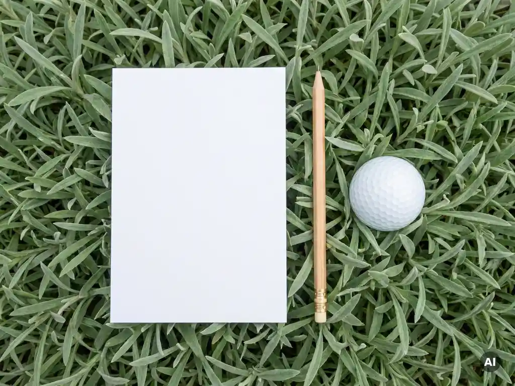 Blanco scorekaart en golfpotlood op groen gras naast een golfbal, bovenaanzicht met minimalistische compositie.
