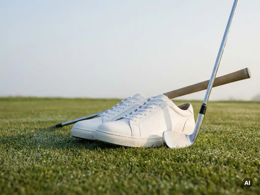 Witte golfschoenen op dauwnat gras naast een golfclub, gefotografeerd in zacht ochtendlicht op golfbaan.